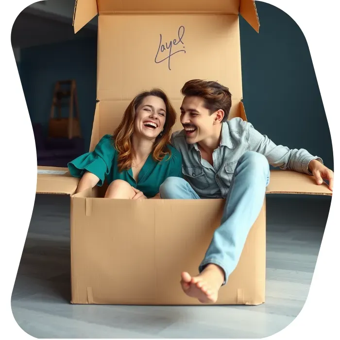Two guys sitting on the floor of their apartment with Muval moving boxes